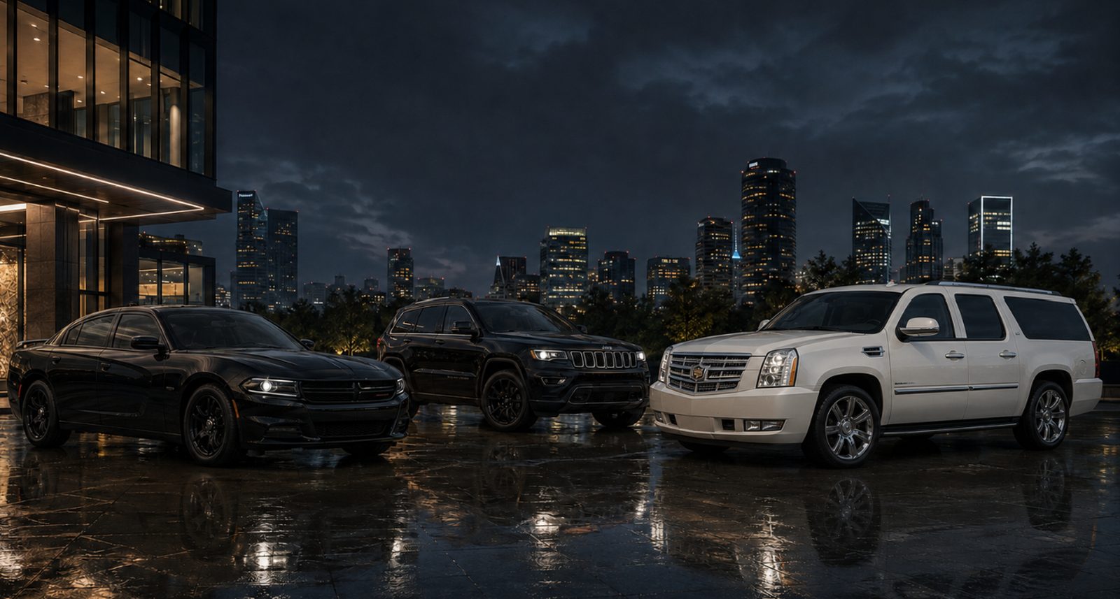 Flota Shomer One: Dodge Charger, Grand Cherokee y Cadillac Escalade ESV de noche en Ciudad de México